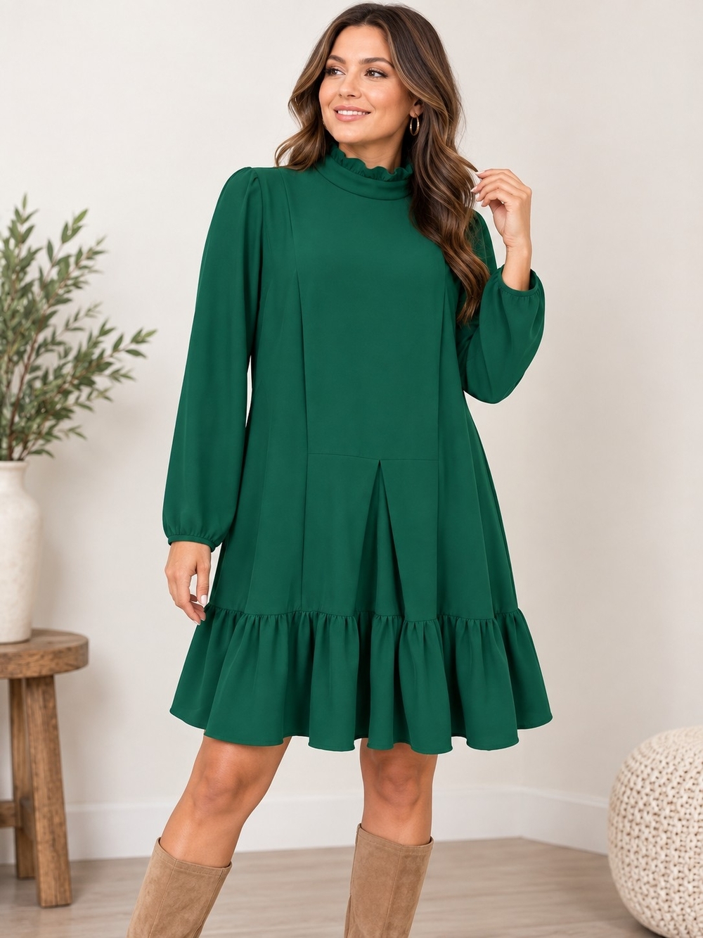A219. Traffic People Ruffle Neck Tiered Dress Mini Dress in Green Size Large